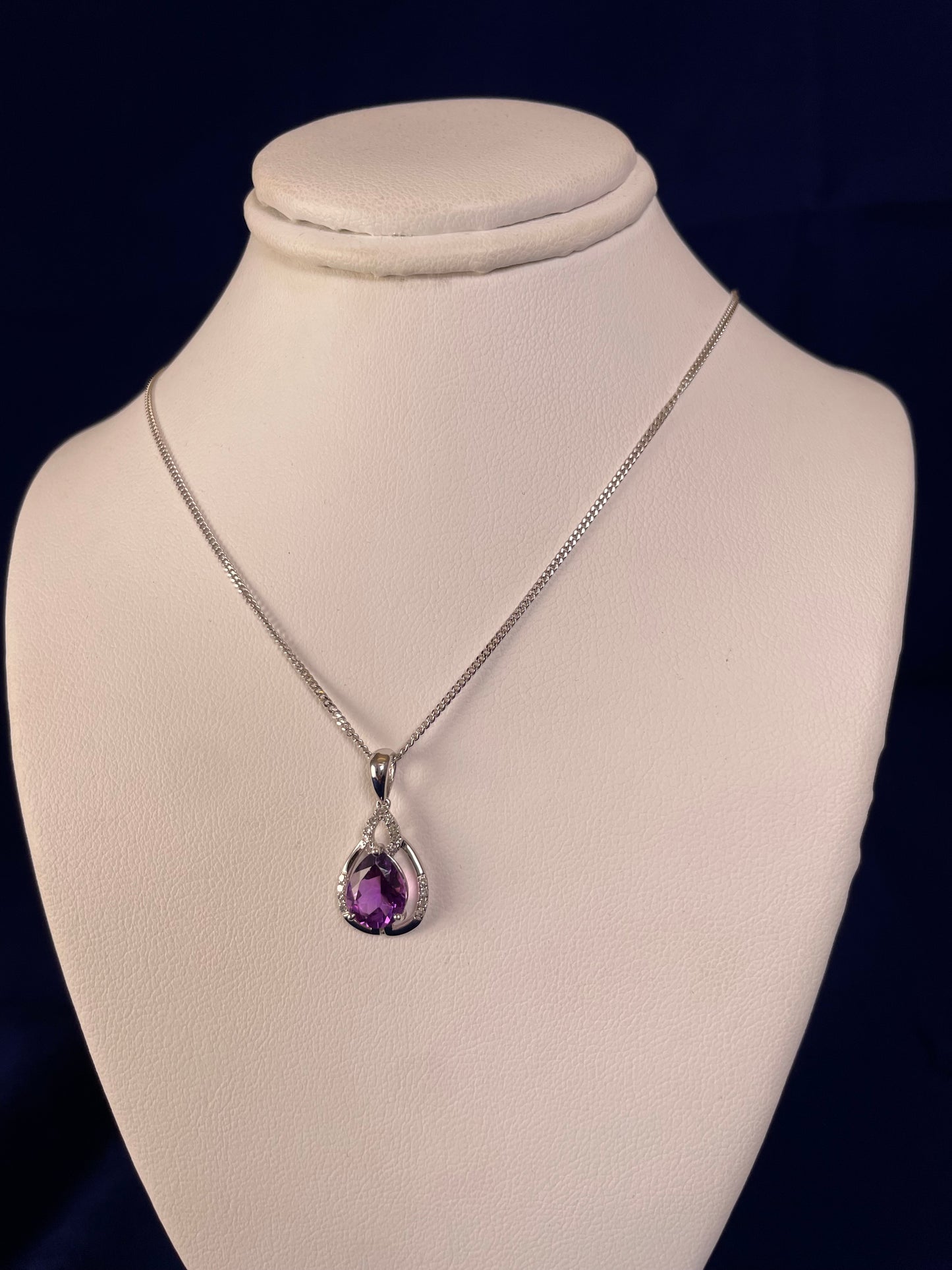 9ct White Gold Pear Amethyst & Diamond Pendant Necklace