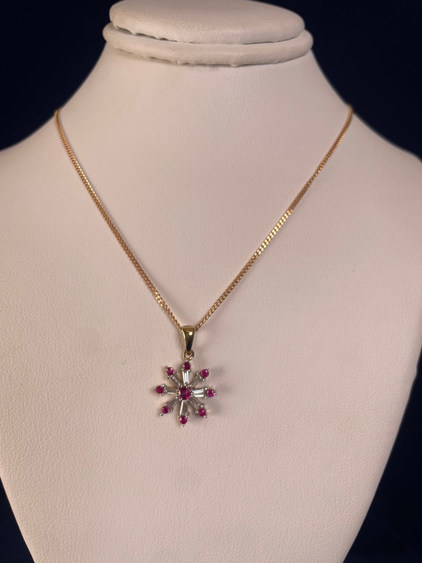 9ct Yellow Gold Diamond & Ruby Snow Flake Pendant Necklace