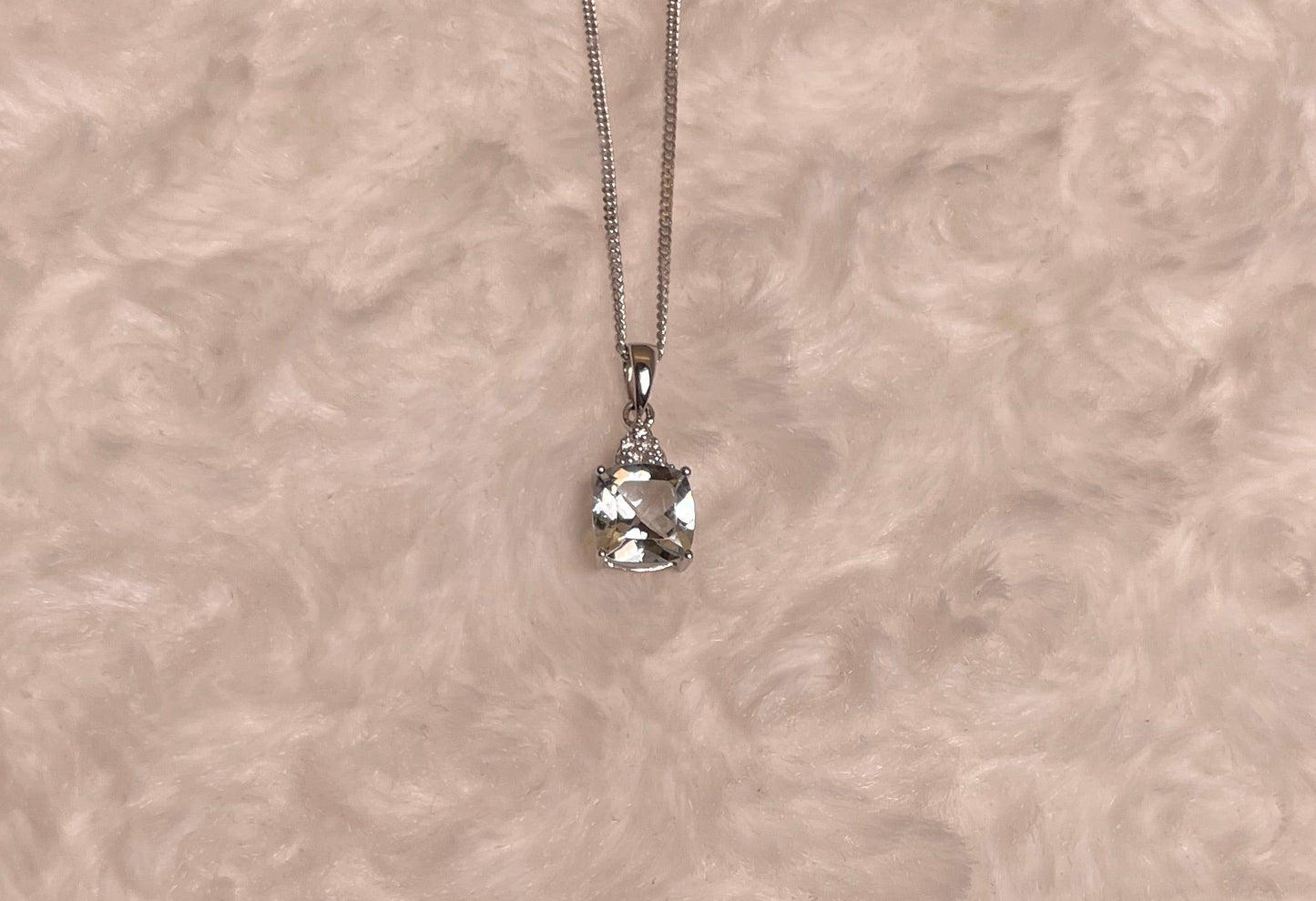 9ct White Gold Cushion Shape Aquamarine with Diamond Chips Pendant Necklace