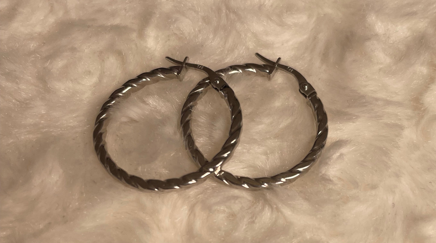 9ct White Gold Flat Twist Hoop Earrings
