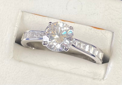 Brilliant Cut Cubic Zirconia Solitaire With Baguette CZ on Shoulder Rhodium Plated