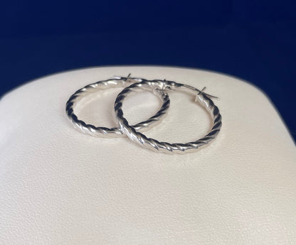 9ct White Gold Flat Twist Hoop Earrings