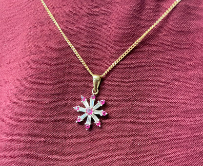 9ct Yellow Gold Diamond & Ruby Snow Flake Pendant Necklace