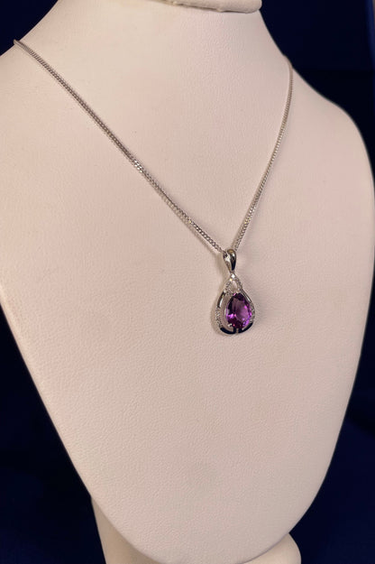 9ct White Gold Pear Amethyst & Diamond Pendant Necklace