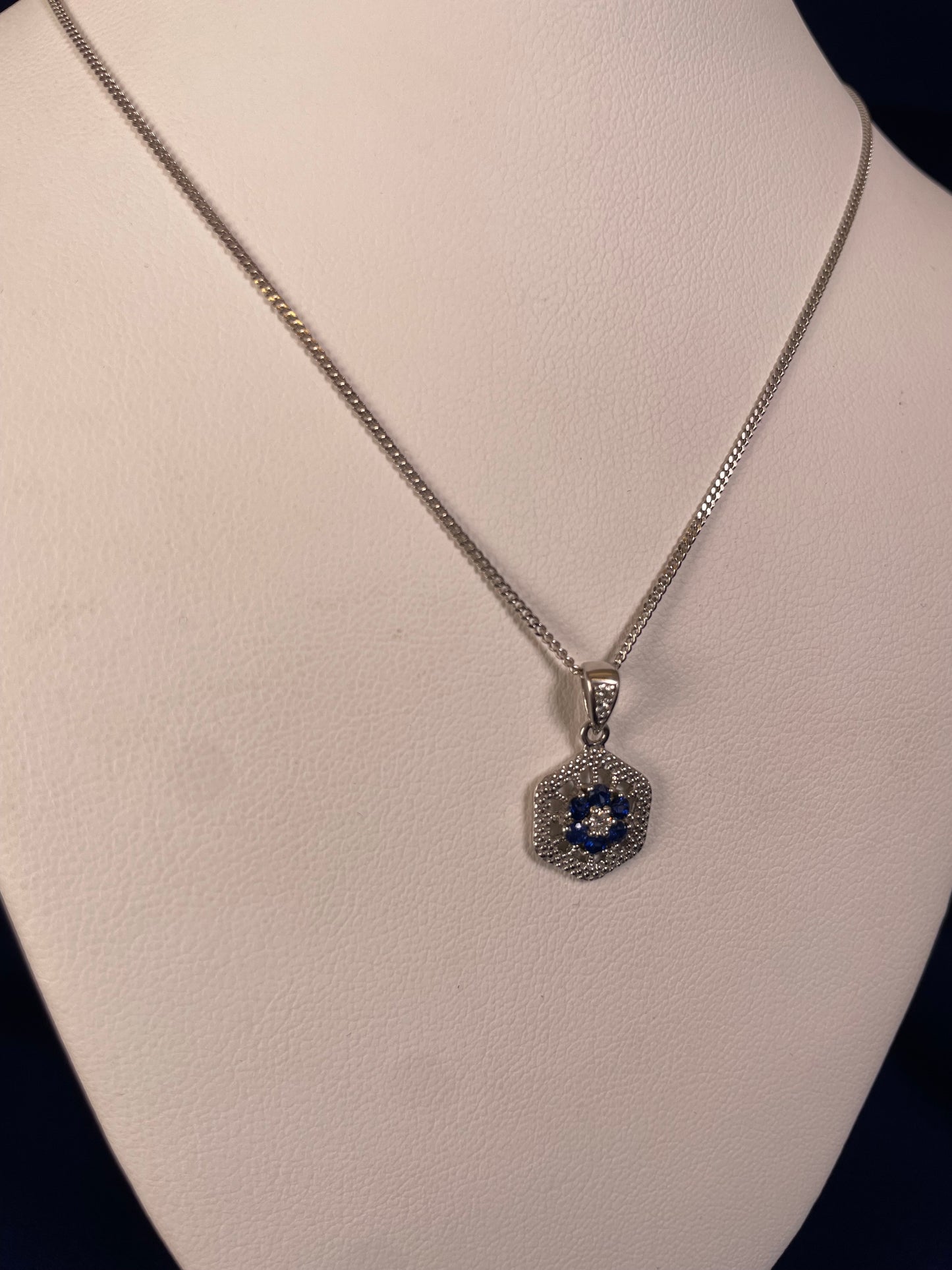 9ct White Gold Sapphire & Diamond Hexagonal Design Pendant Necklace