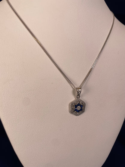 9ct White Gold Sapphire & Diamond Hexagonal Design Pendant Necklace