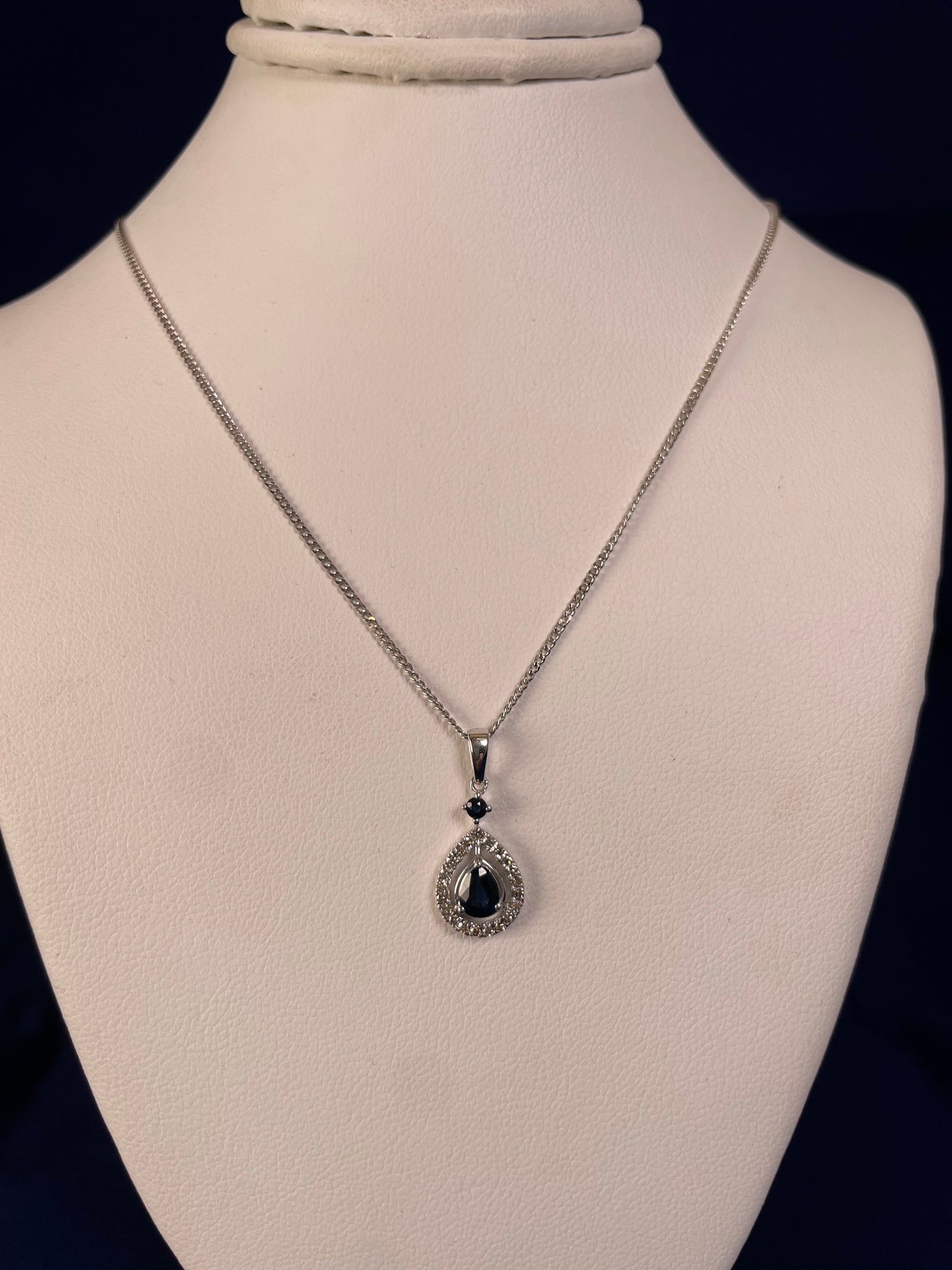 9ct White Gold Sapphire & Diamond Pear Shaped Pendant Necklace