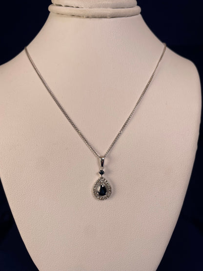 9ct White Gold Sapphire & Diamond Pear Shaped Pendant Necklace