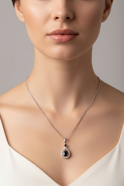 9ct White Gold Sapphire & Diamond Pear Shaped Pendant Necklace