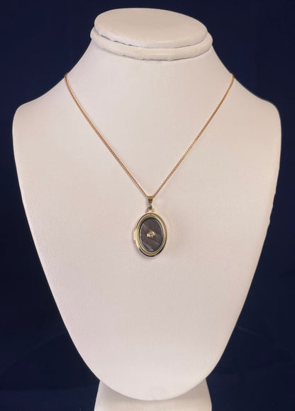 9ct Yellow Gold Grey Mother of Pearl Oval Locket With Small Diamond Centre