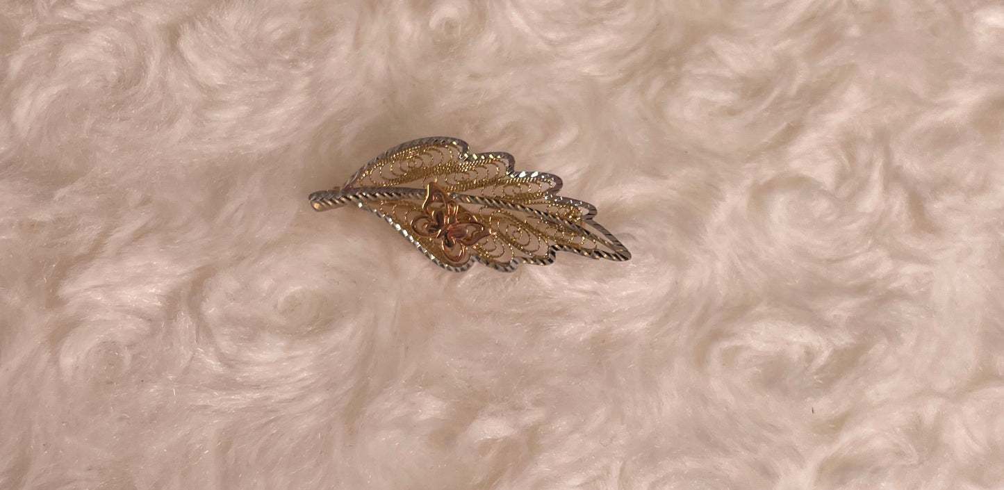 9ct Three Colour Gold Filigree Leaf Brooch