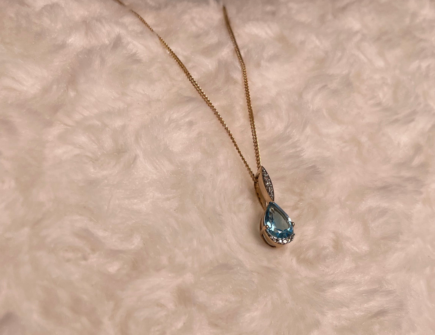 9ct Yellow Gold Pear Shape Blue Topaz & Diamond Pendant Necklace