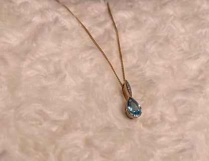 9ct Yellow Gold Pear Shape Blue Topaz & Diamond Pendant Necklace