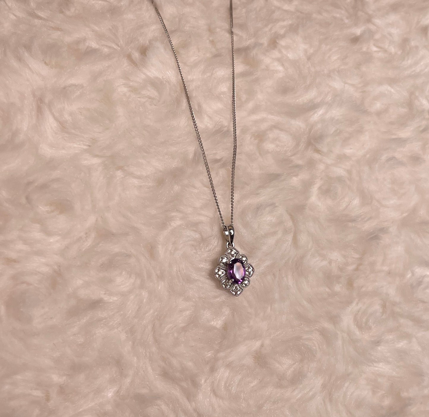 9ct White Gold Amethyst & Diamond Art Deco Pendant Necklace