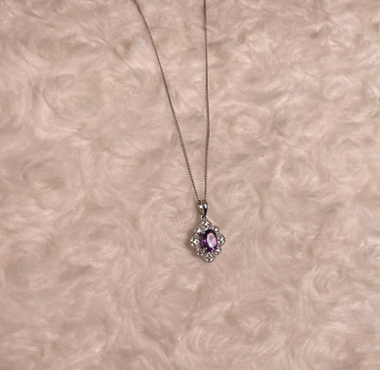 9ct White Gold Amethyst & Diamond Art Deco Pendant Necklace