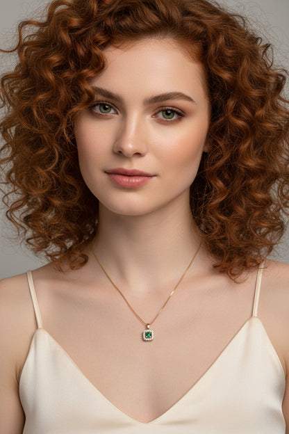 9ct Yellow Gold Emerald With Diamond Cluster Pendant Necklace