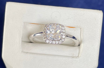 Rhodium-Plated Silver Cushion Shape Cubic Zirconia Cluster Ring