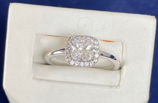 Rhodium-Plated Silver Cushion Shape Cubic Zirconia Cluster Ring