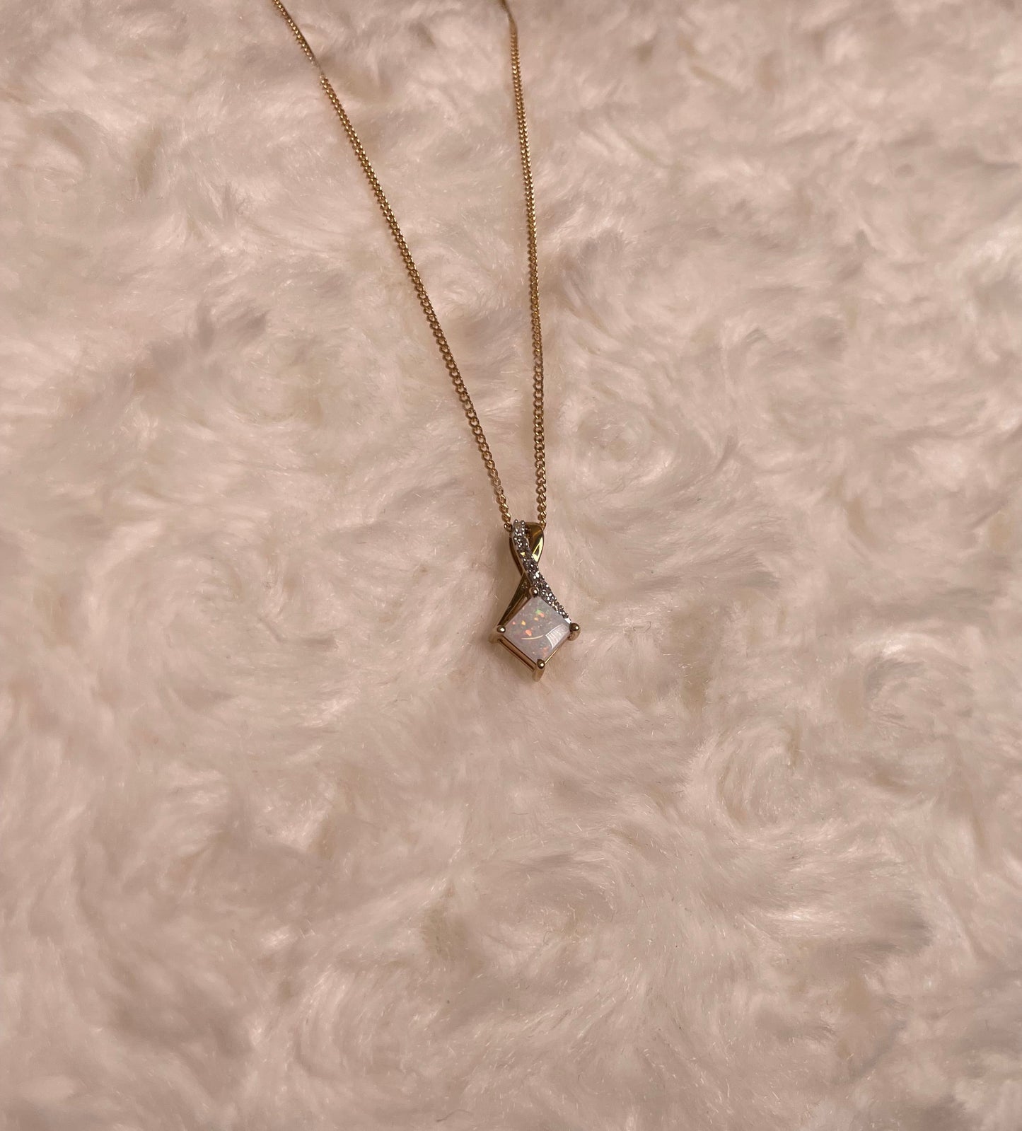 9ct Yellow Gold Square White Opal with Crossover Diamond Bale Pendant Necklace
