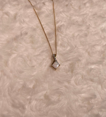 9ct Yellow Gold Square White Opal with Crossover Diamond Bale Pendant Necklace
