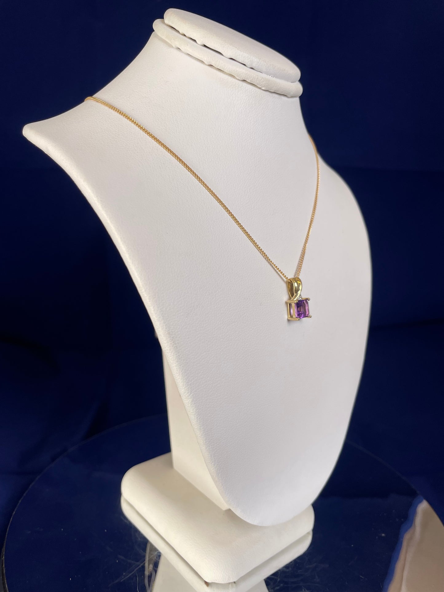 9ct Yellow Gold Square Amethyst with Diamond Chip Pendant Necklace