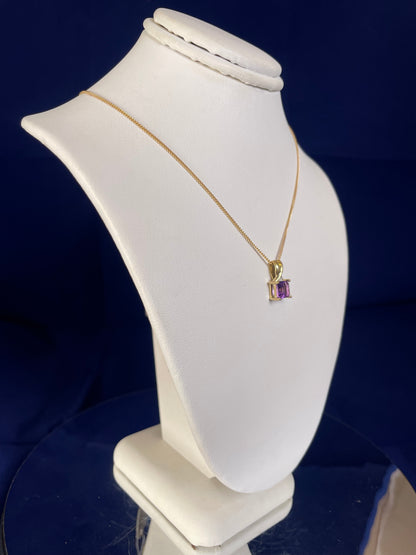 9ct Yellow Gold Square Amethyst with Diamond Chip Pendant Necklace