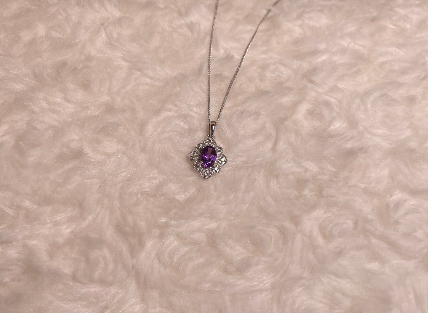 9ct White Gold Amethyst & Diamond Art Deco Pendant Necklace
