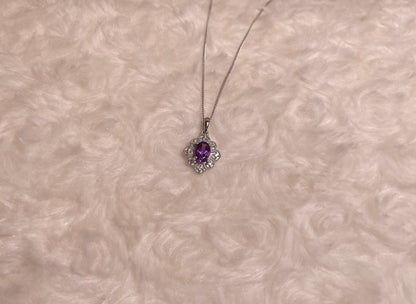 9ct White Gold Amethyst & Diamond Art Deco Pendant Necklace