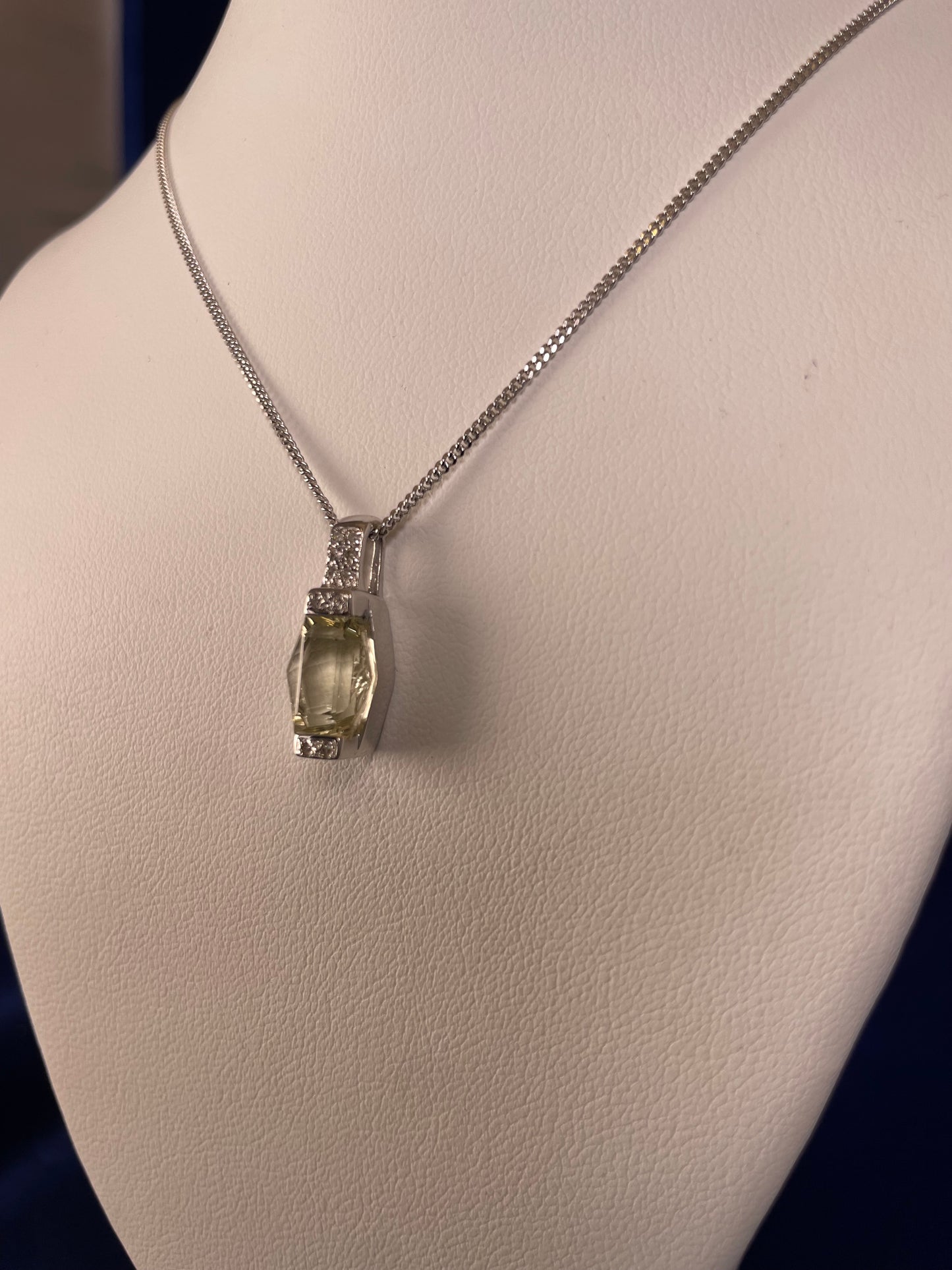 9ct White Gold Lemon Quart & Diamond Pendant Necklace