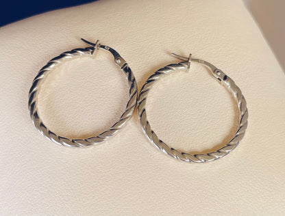 9ct White Gold Flat Twist Hoop Earrings