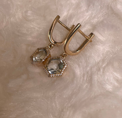 9ct Yellow Gold Green Amethyst & Diamond Set Drop Earrings