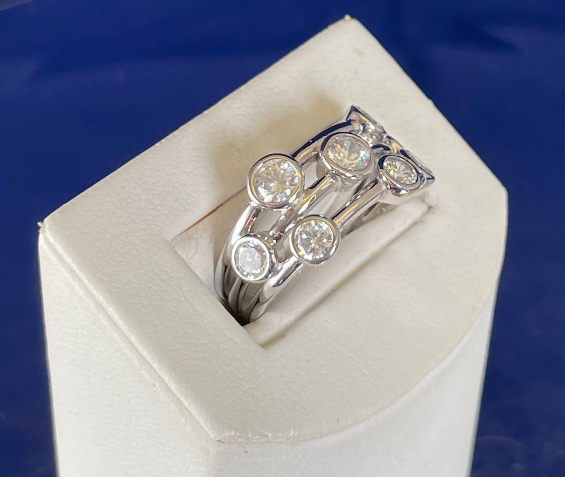 Rhodium-Plated Silver Three Row Boodle Ring with Cubic Zirconia
