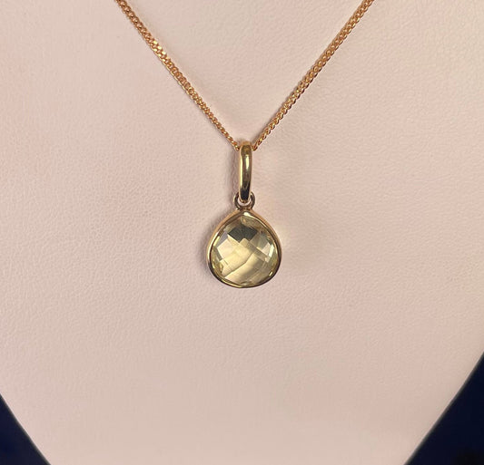 9ct Yellow Gold Pear Shaped Pineapple Cut Lemon Quartz Pendant Necklace