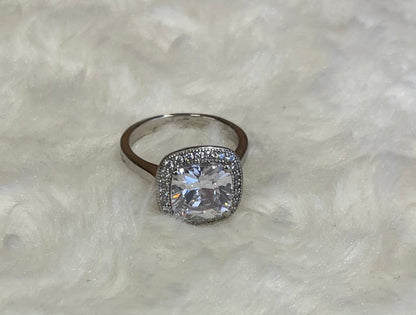 Large Cushion Shape Cubic Zirconia Cluster Rhodium Plated Ring