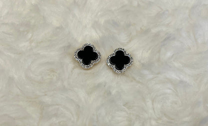 9ct Yellow Gold Onyx & Diamond Clover Earrings