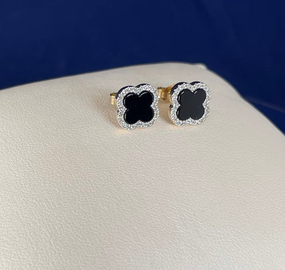 9ct Yellow Gold Onyx & Diamond Clover Earrings