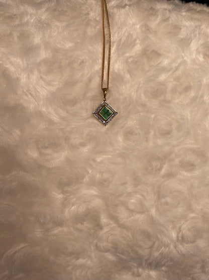 9ct Yellow Gold Diamond & Emerald Square Pendant Necklace