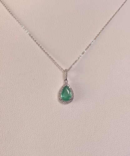 9ct White Gold Emerald & Diamond Cluster Pendant Necklace