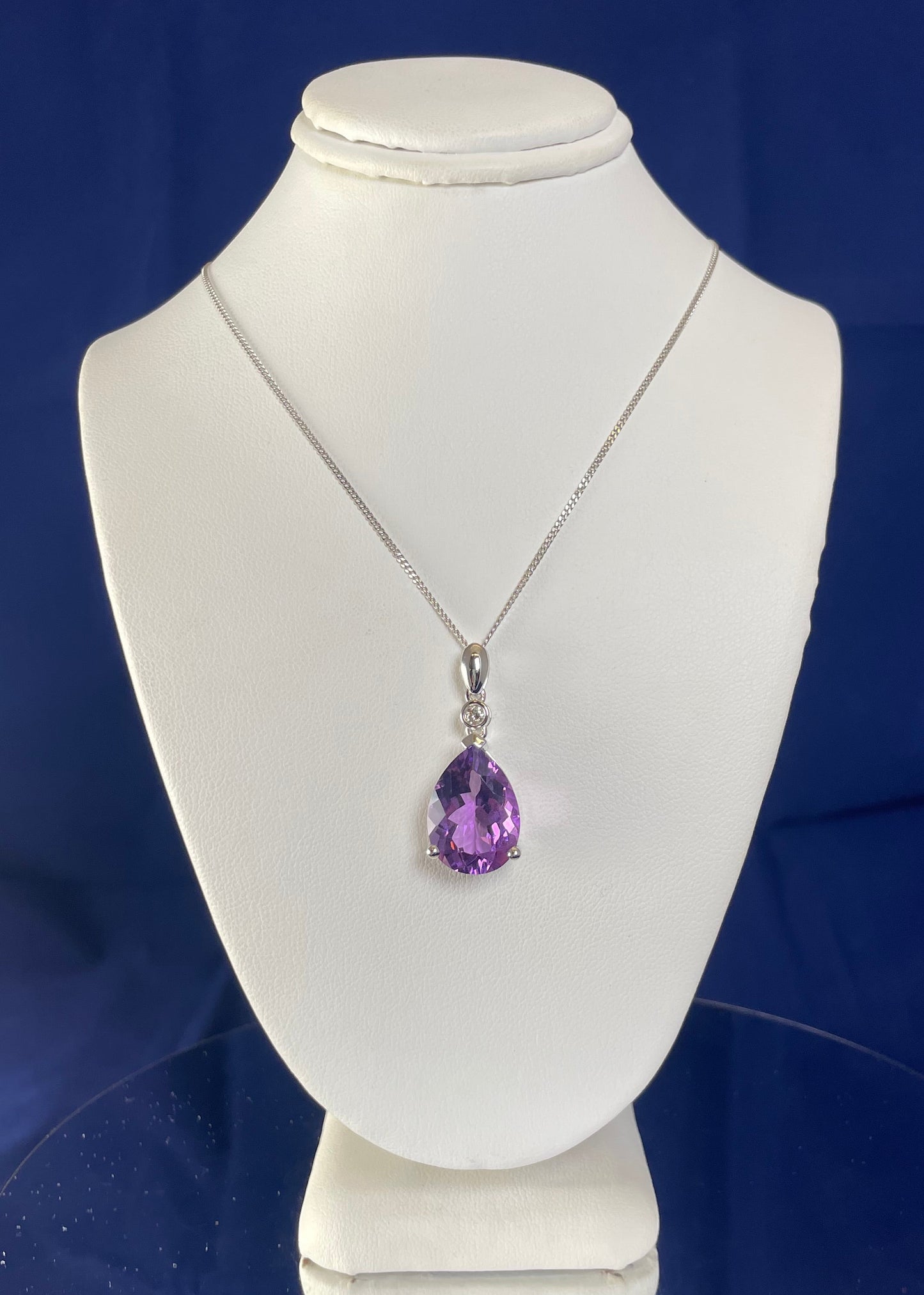 9ct White Gold Pear Shape Amethyst + One Diamond Pendant Necklace