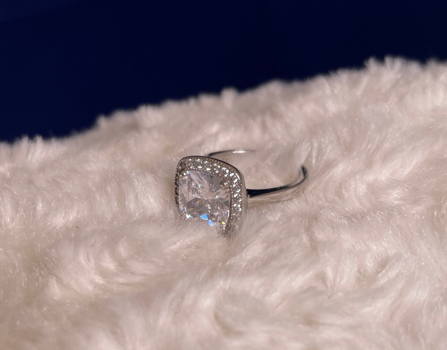 Large Cushion Shape Cubic Zirconia Cluster Rhodium Plated Ring