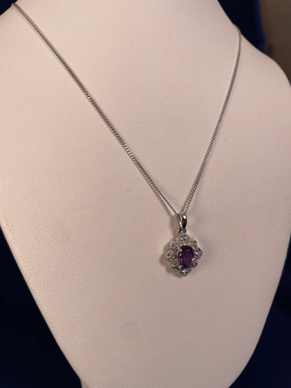 9ct White Gold Amethyst & Diamond Art Deco Pendant Necklace