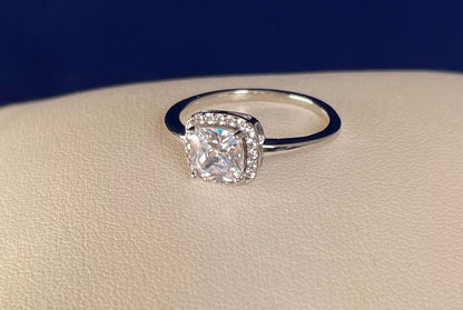 Rhodium-Plated Silver Cushion Shape Cubic Zirconia Cluster Ring