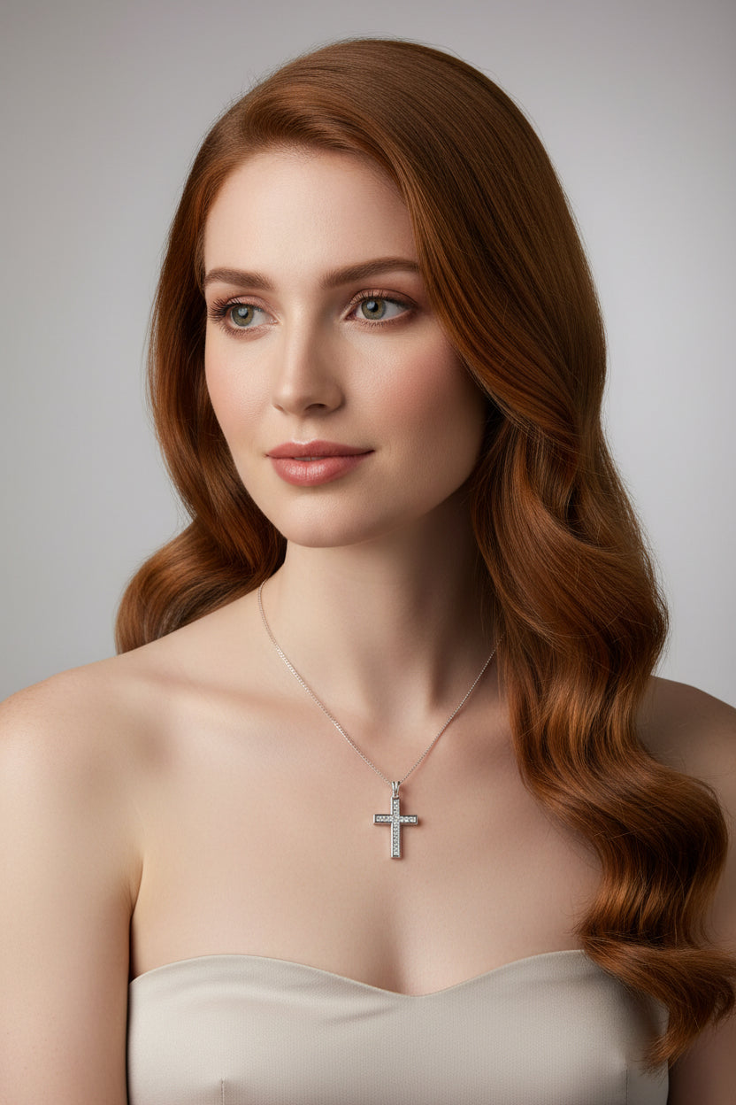 Silver Cross Pendant Necklace with Cubic Zirconia
