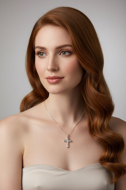 Silver Cross Pendant Necklace with Cubic Zirconia