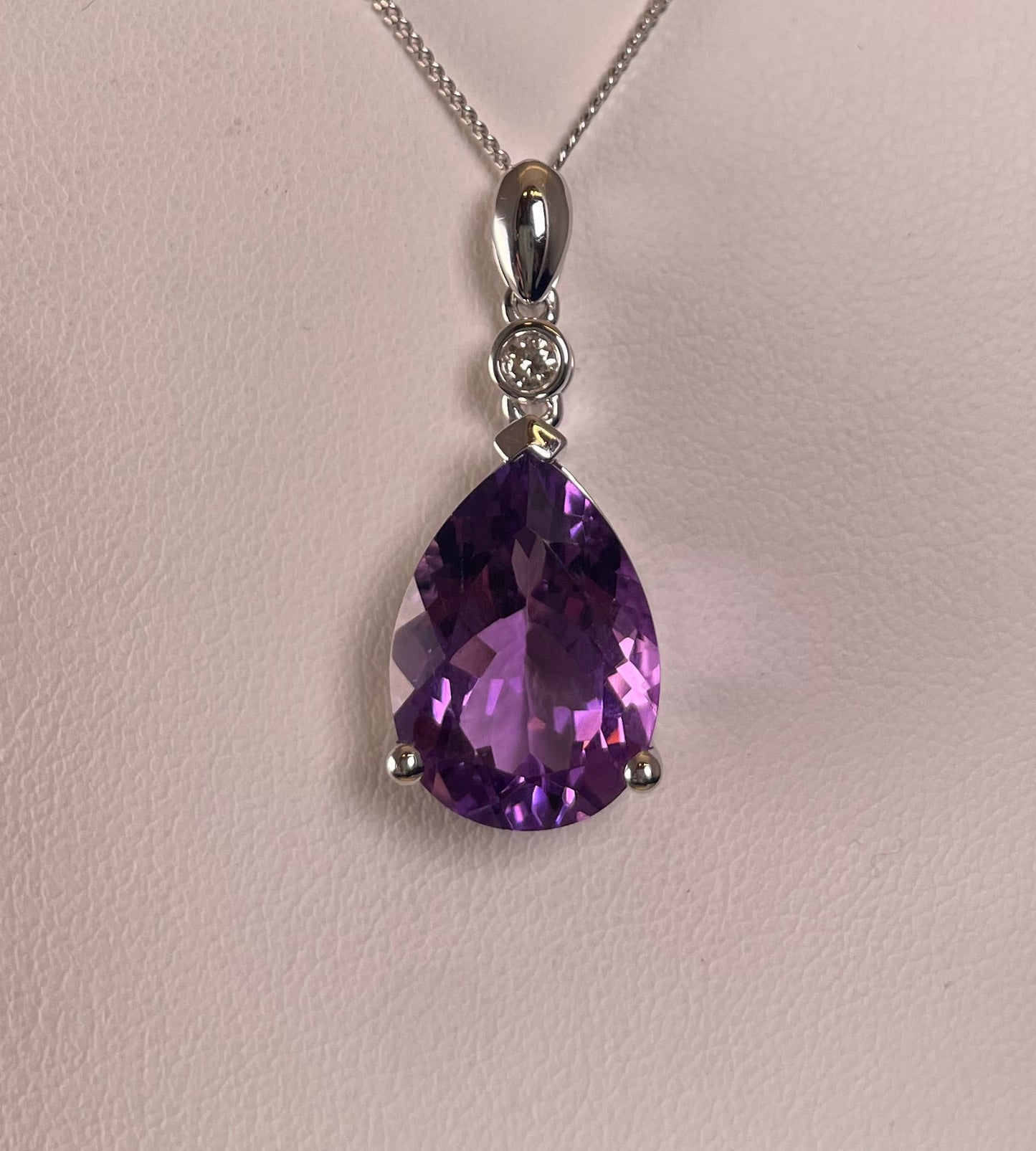 9ct White Gold Pear Shape Amethyst + One Diamond Pendant Necklace