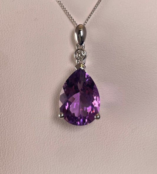 9ct White Gold Pear Shape Amethyst + One Diamond Pendant Necklace