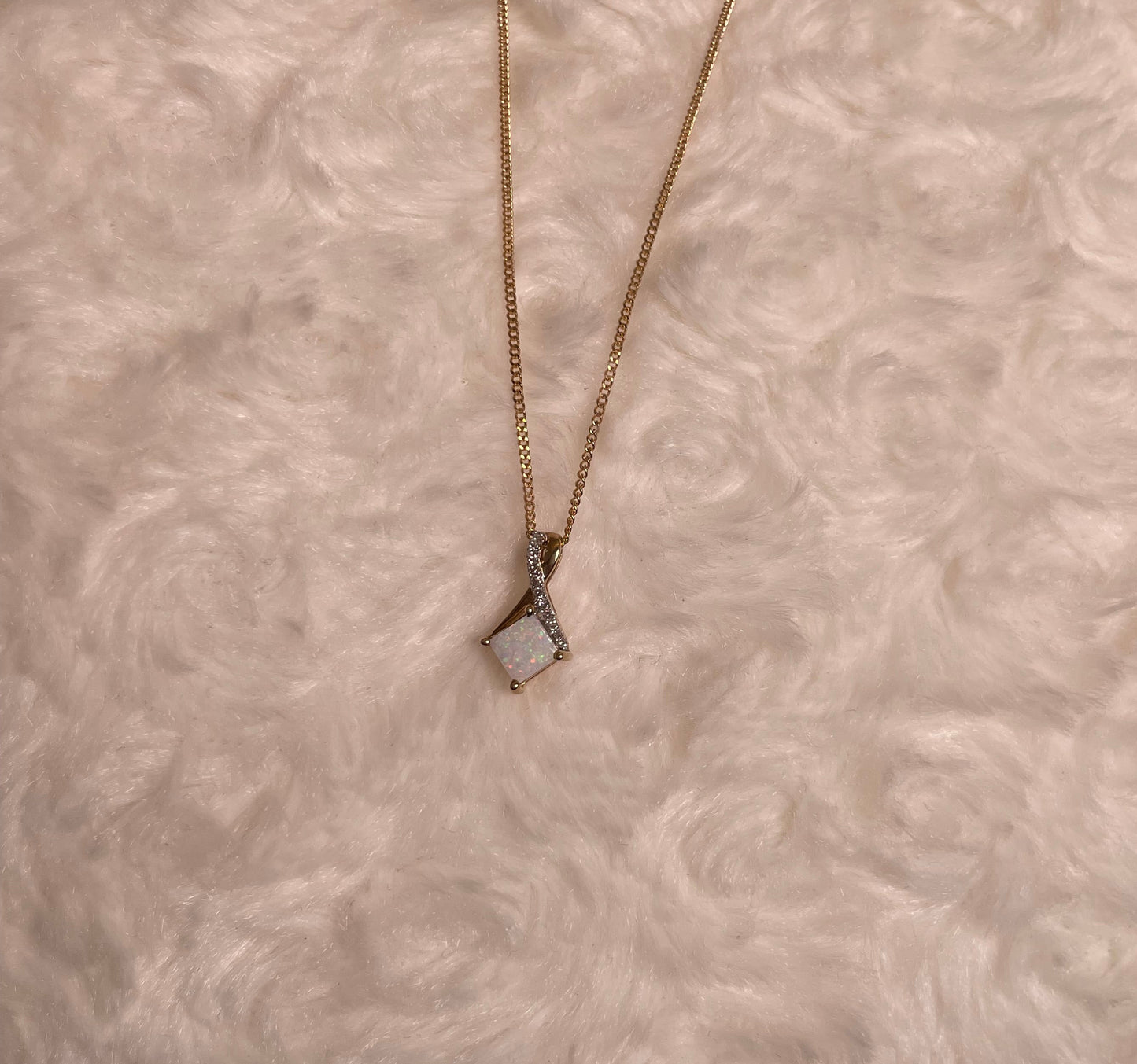 9ct Yellow Gold Square White Opal with Crossover Diamond Bale Pendant Necklace