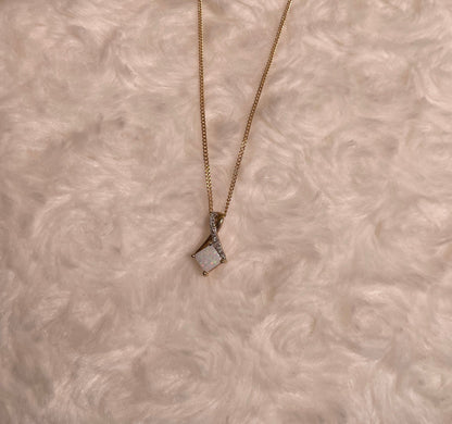 9ct Yellow Gold Square White Opal with Crossover Diamond Bale Pendant Necklace