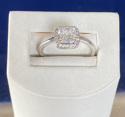 Rhodium-Plated Silver Cushion Shape Cubic Zirconia Cluster Ring