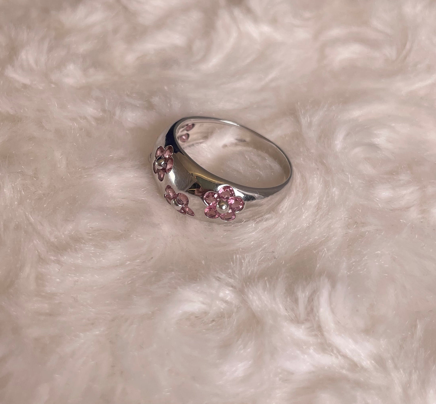 9ct White Gold Dome Dress Ring Set with Five Cluster Pink Sapphire flowers